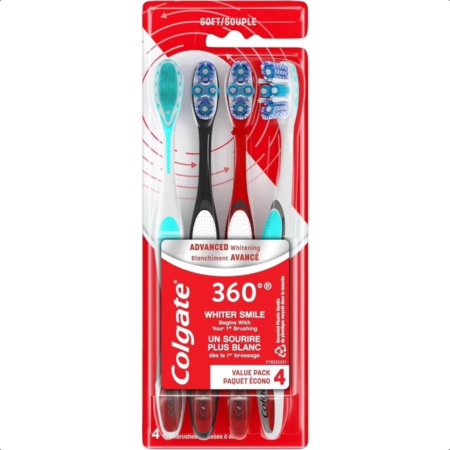 Colgate 360 Paquete de cepillo de dientes suave blanqueador avanzado 4 cepillos de dientes suaves para adultos con limpiador de mejillas y lengua ayudan a limpiar su Te