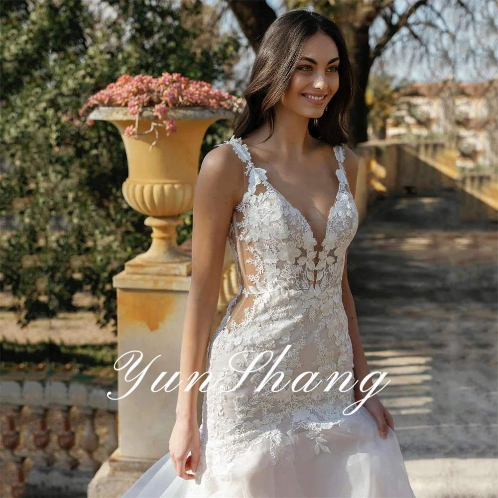 Yunshang Customized Elegant Mermaid Wedding Dresses Women Lace V-Neck Open Back Spaghetti Straps Bridal GownsSweep Train