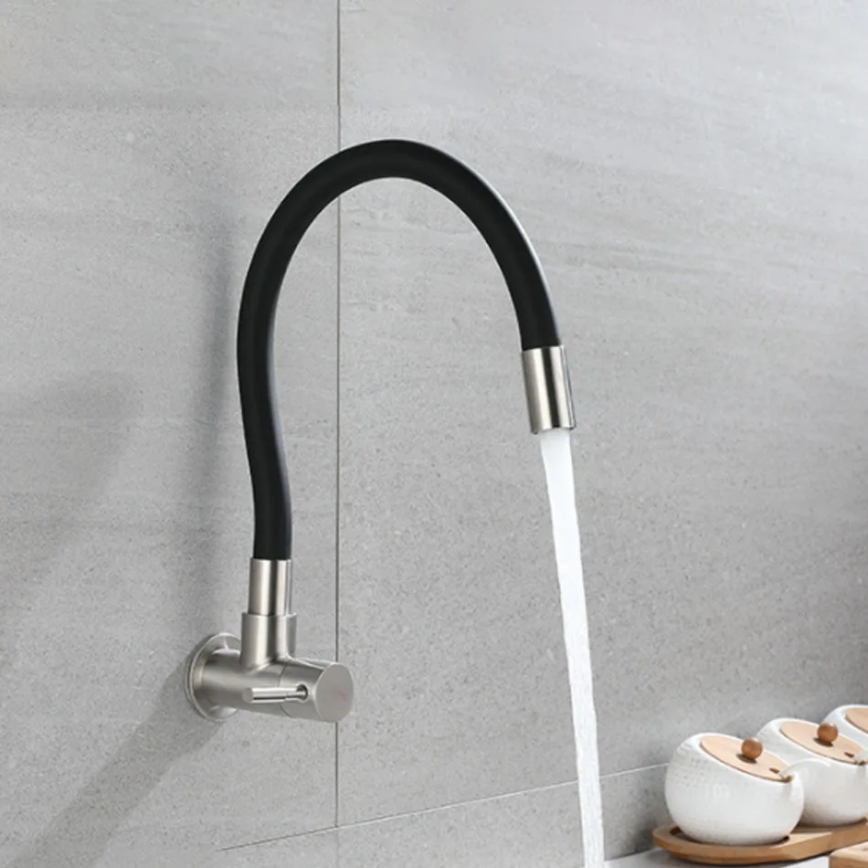 Kitchen Faucet Wall Mounted Black Brushed 304 Stainless Steel Rotation Universal Pipe Single Cold Water Tap Kitchen Sink Faucet