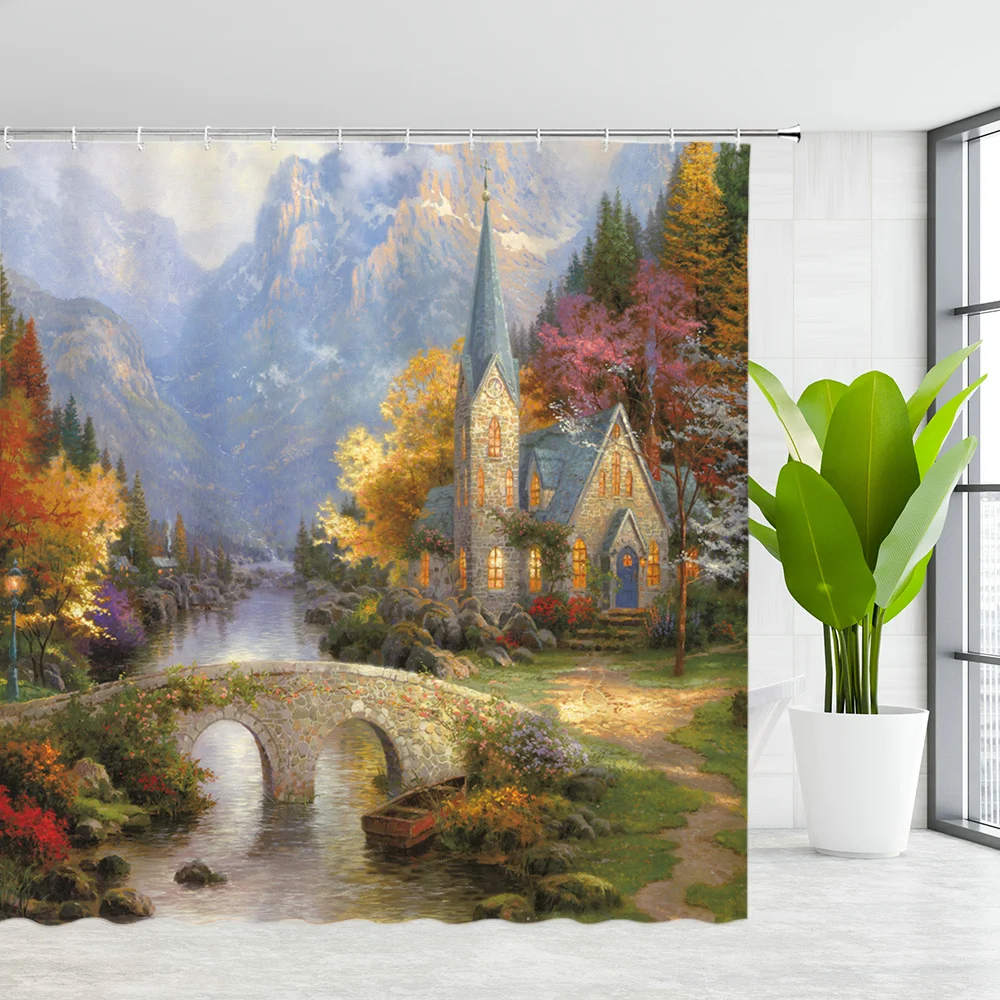 

Village Oil Painting Landscape Shower Curtains Vintage Natural Scenery Country Farmhouse Bathroom Decor Polyester Curtain Home