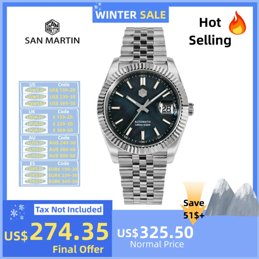 San Martin 40.5mm Men Business Watch Jubilee Retro Classic Automatic Mechanical Watches Sapphire Cyclops Swim 10Bar SN0058