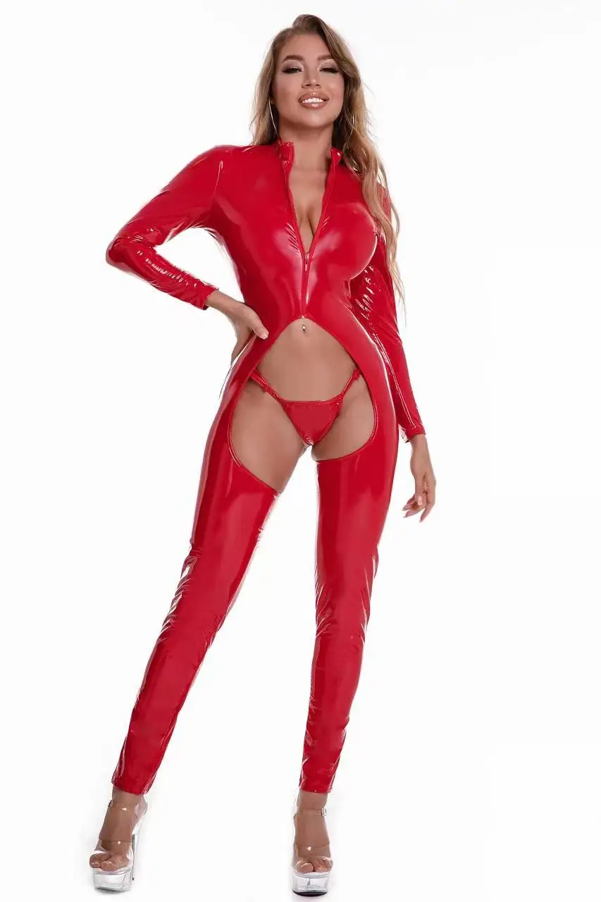 Sexy Glossy Leather Woman Full Bodysuit Open Crotch Bandage Leotard Hollow Out Show Hips Erotica Lingerie Intimate Clothes Sex