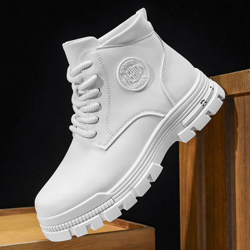 Men Solid White Leather  Combat Boots, Chunky Lug Non Slip Lace Up Ankle Boots For Hiking Street Daily Camping Outfits view 3