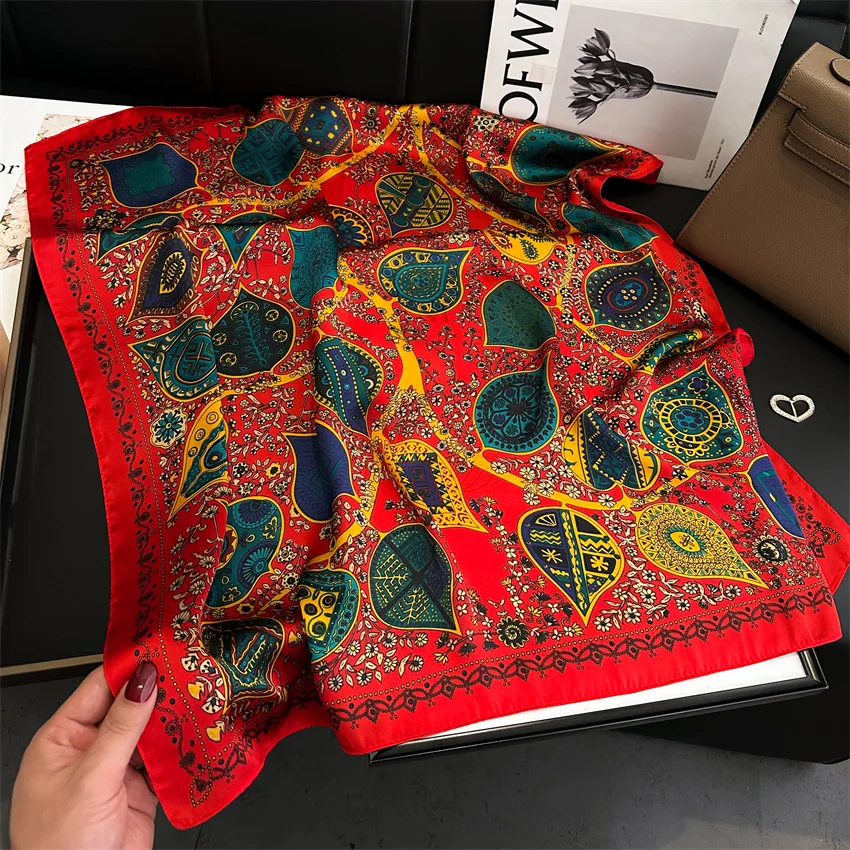 70X70cm Square Silk Scarf for Women Satin Hijab Handkerchief Printed Female Square Head Bandana Small Silk Hair Band Scarf Bag