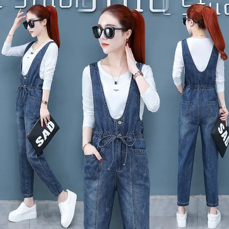 2024 Autumn  New Women's Pants Rompers Fashion Vintage Casual Temperament Sleeveless Straight Leg Denim Jumpsuit Female