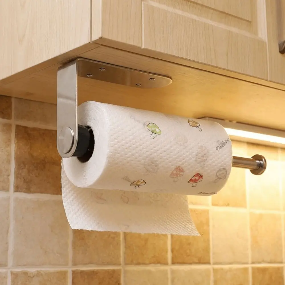 

Stainless Steel Paper Towel Holder Adhesive Wall Mount Punch-Free Roll Paper Dispenser Silver Black One-Handed Tear