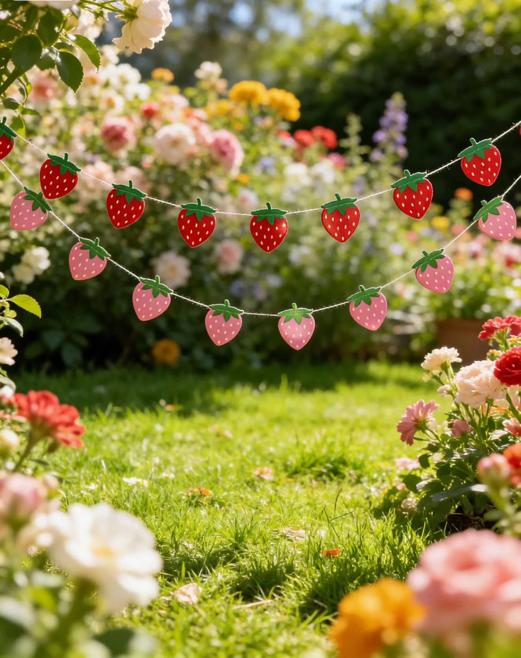 2.5M (15 piezas) Banderines de Fresa Rojos/Rosados para Primer Cumpleaños, Baby Shower, Picnic, Temática de Frutas, Cabina de Fotos