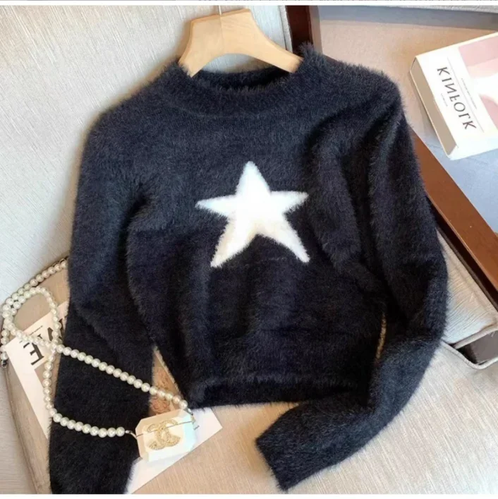 2023 Harajuku Star Cropped Sweater Women Vintage Oversized Knitted Jumper Korean Casual Chic Pullover Tops Y2K Clothes 2000s