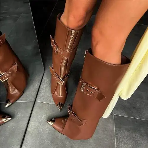 

Winter Women Brown Black Beige Matte Leather Belt Buckle Strap Fold Over Boots Female Gold Metal Pointed Toe Zipper Front Boots