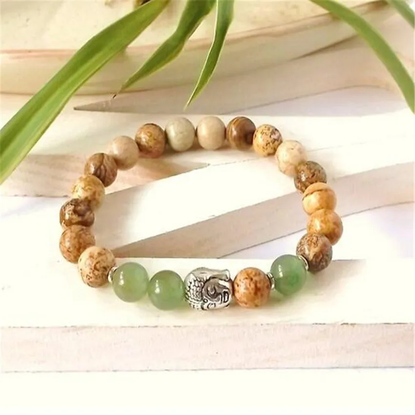 

8mm Picture Stone Green Jade Bracelet 7.5 inches Link Adjustable Men Teens Party Yoga