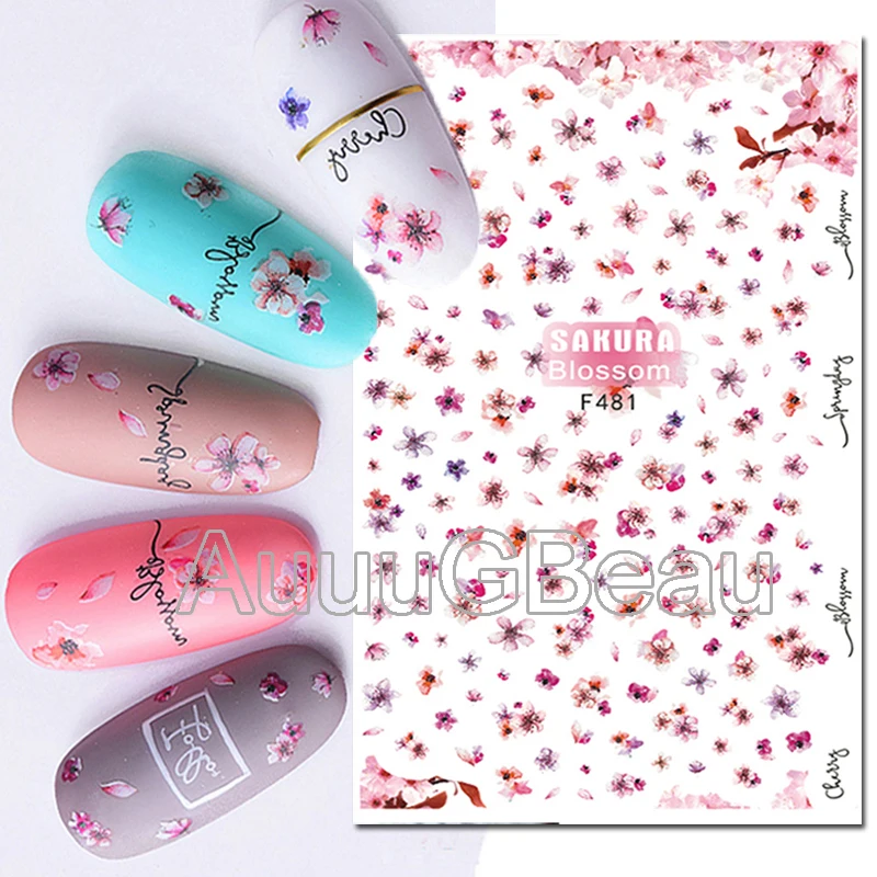 3d Nail Art Decals Pink Florals Cherry Blossoms Flowers Adhesive Sliders Nail Stickers Decoration For Nail Tips Beauty