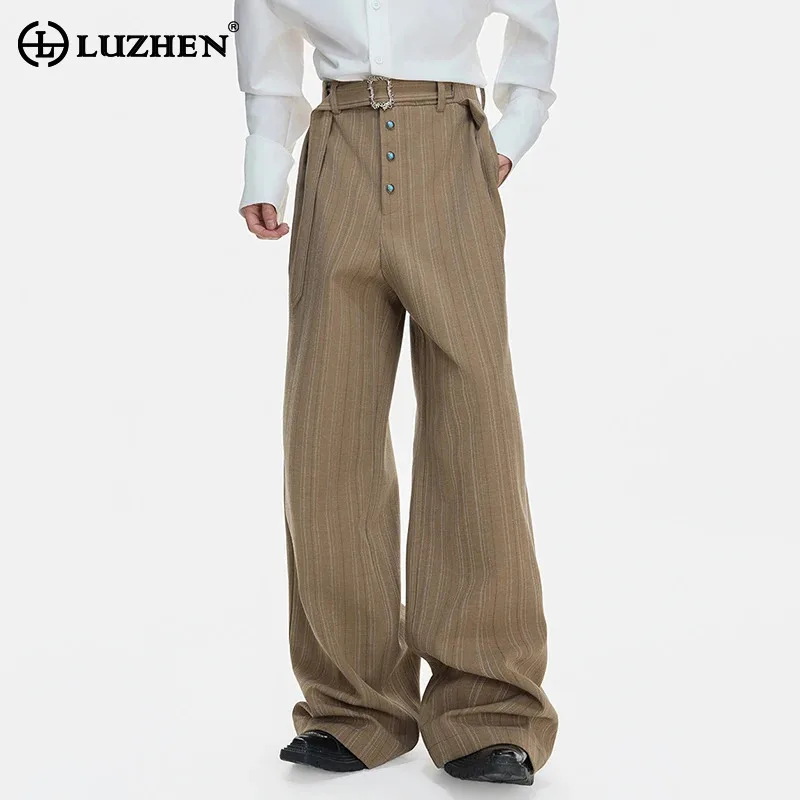 

LUZHEN 2026 New Handsome Stripe Printed Buttoned Decorate Straight Casual Pants Men's Fashion Luxury Temperament Trousers JY6203