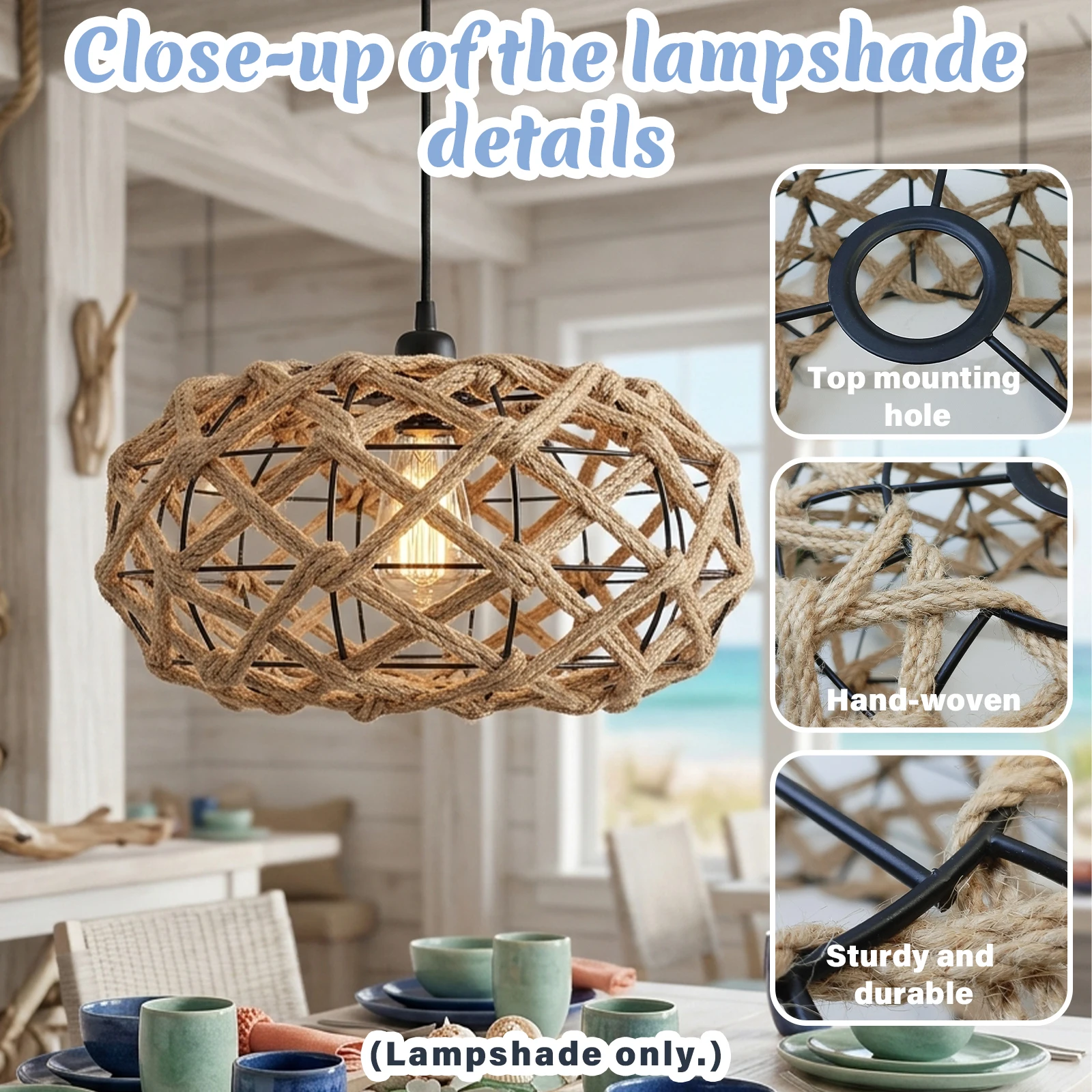 Boho Coastal Jute Rope Globe Lamp Shade, Hand Knitted Woven Replacement Lampshade for Ceiling Pendant & Wall Lamp, Beach House