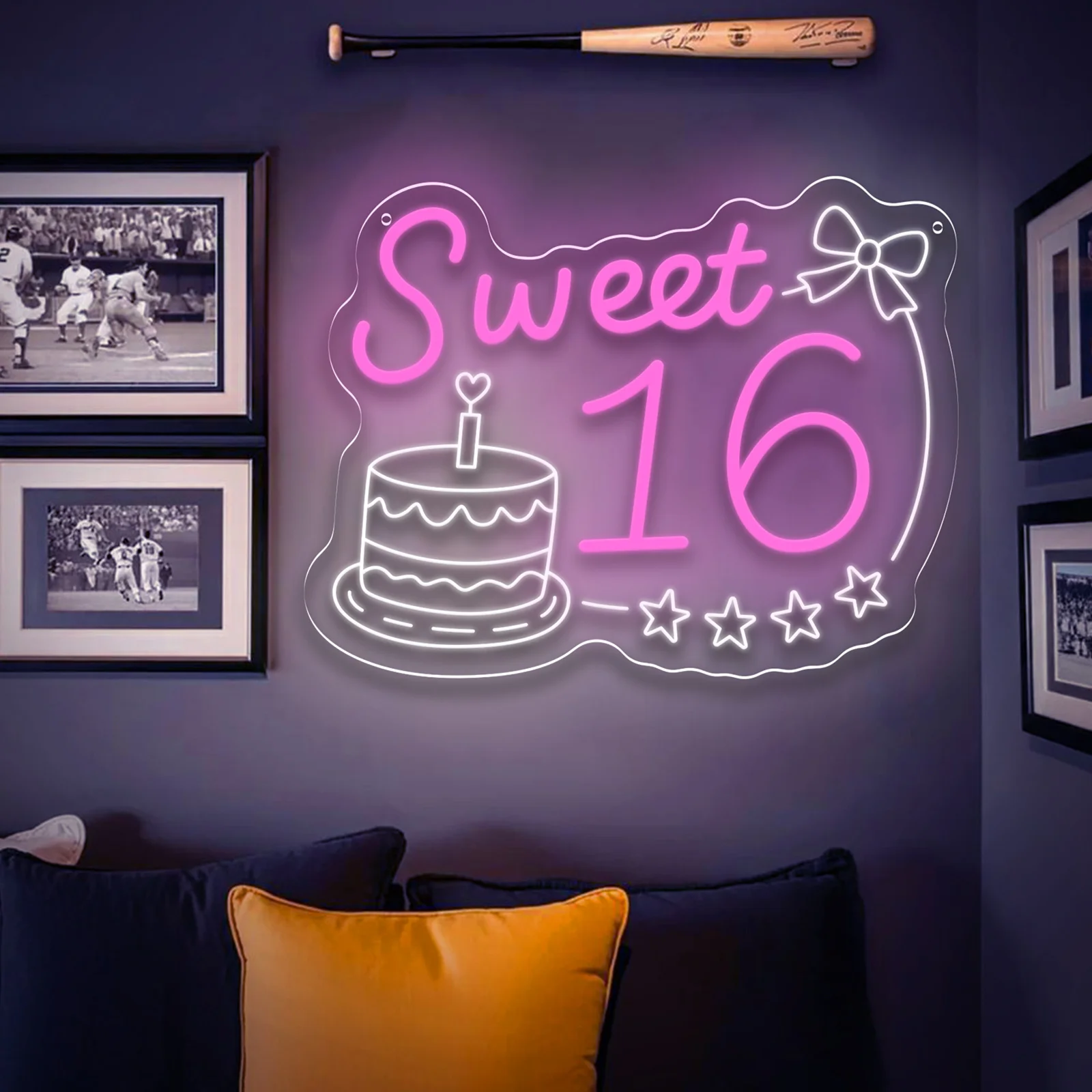 LED ضوء النيون تسجيل الحلو 16 كعكة عيد ميلاد النيون تسجيل جدار ديكور للفتيات غرفة نوم Kawaii نادي الحفلات هدية للمراهقين USB الطاقة #3