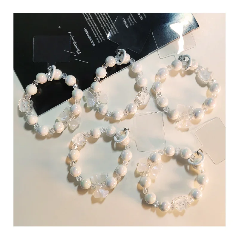 Mobile Phone Lange Short Girl's Wrist Chain Milk White Hand-beaded Fresh Bracelet Pendant Portable Rope Wrist for All Phones