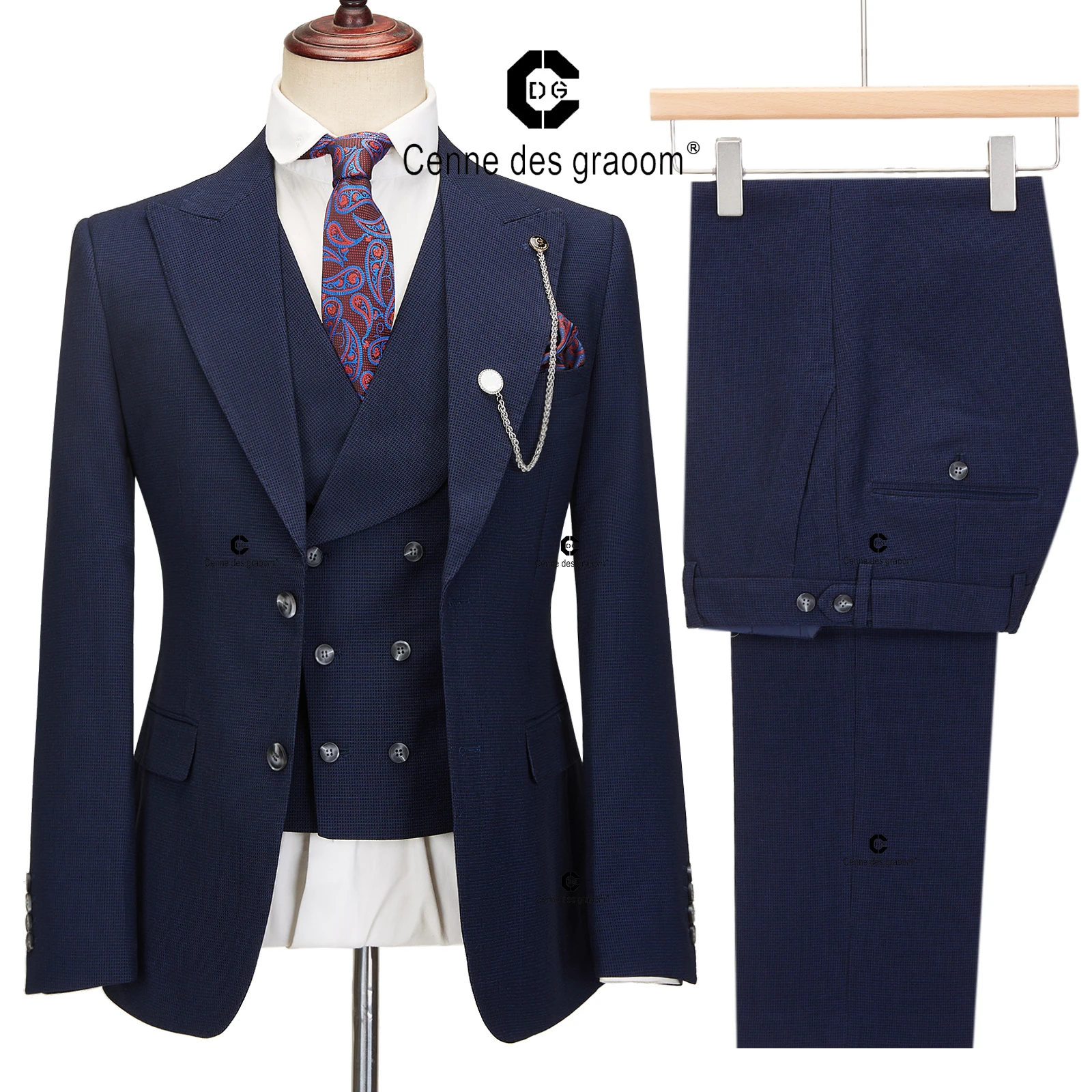 Cenne des Graoom-blazer xadrez de peito único masculino, ternos formais clássicos, blazer de 2 botões, colete e calça, conjunto de 3 peças, elegante, 2024