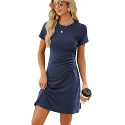 5 Solid Color Dresses Women's O Neck Short Sleeved Slim Dress Summer Casual T Shirts Style Mini Dress Robe
