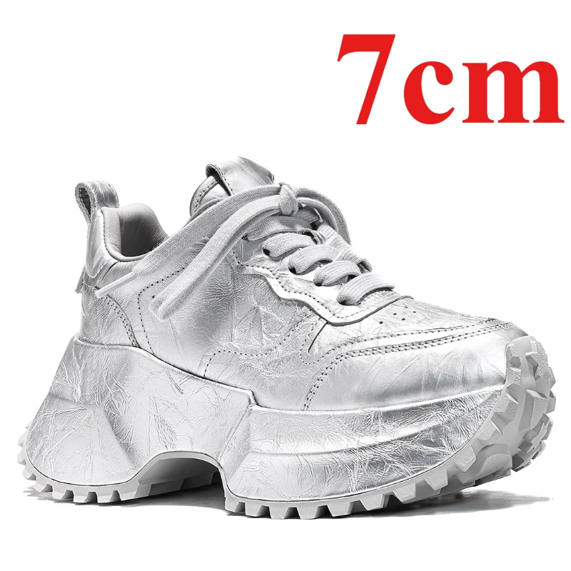 Genuine Leather Sports Daddy Shoes for Women's 7cm Platform Thick Soled Fashionable and Versatile Casual Height Increasing Shoes