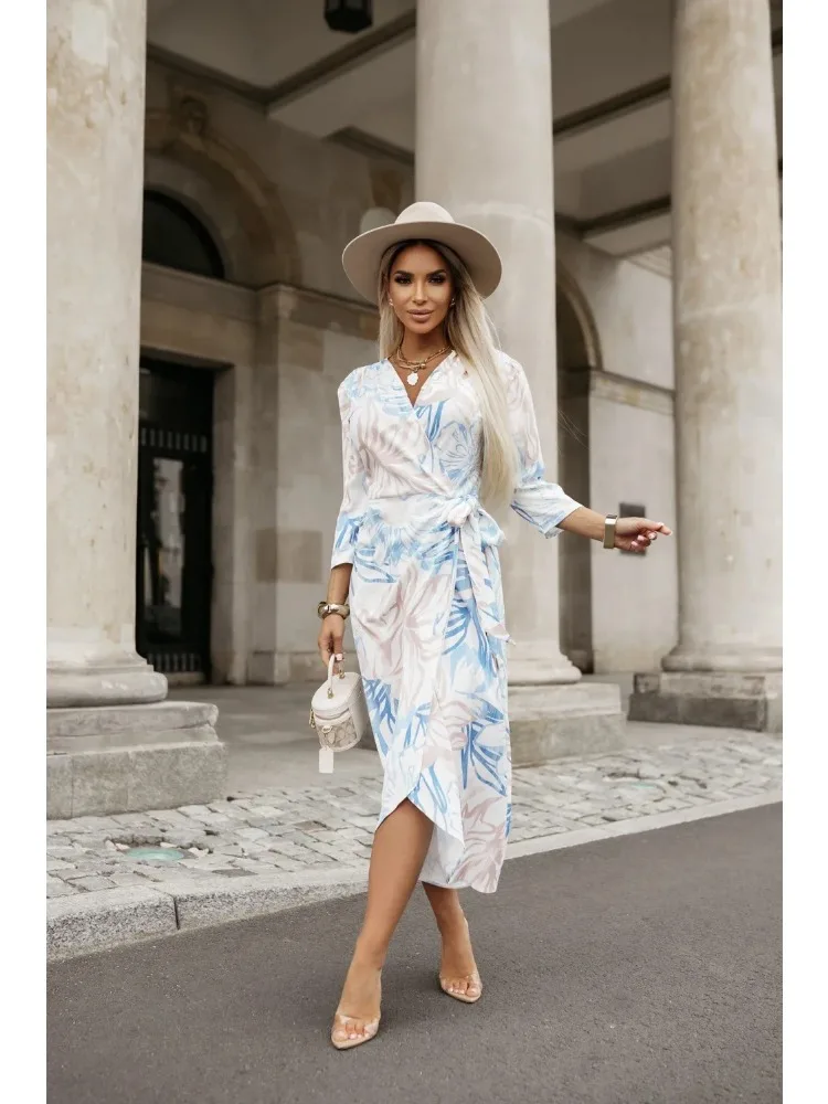 Feminino casual manga longa cintura amarrar vestido longo moda temperamento vestido de festa elegante com decote em v padrão impressão vestido de férias