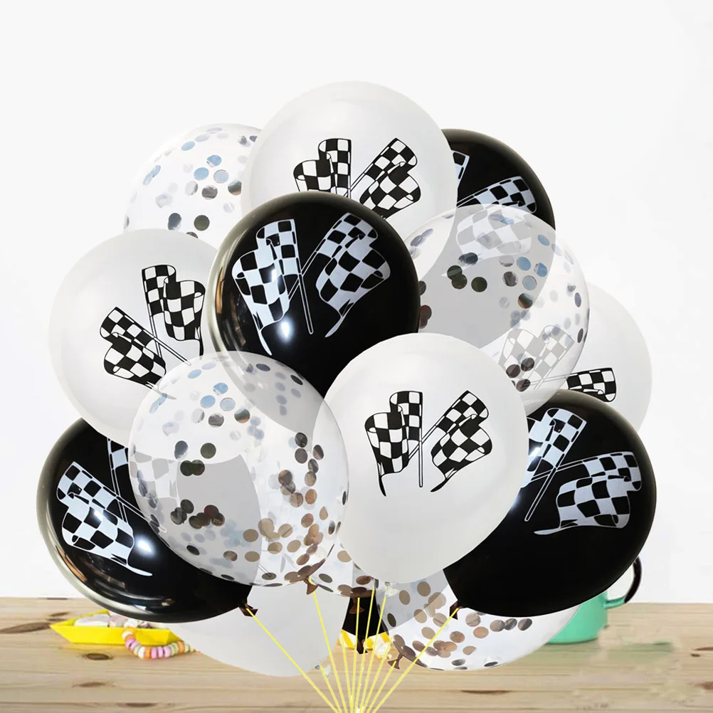 

15Pcs Sequins Latex Balloon Set Racing Flag Style Inflatable Party Decoration for Birthday Wedding Graduation Black White