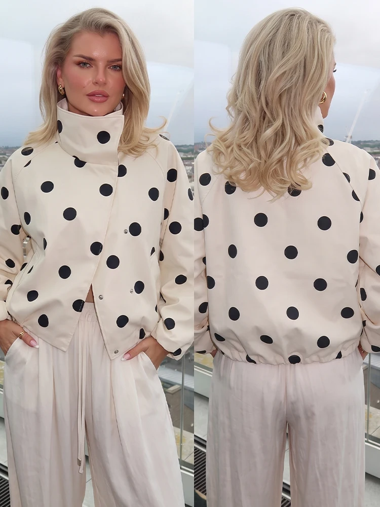 HH Women Fashion Loose Outwear Long Sleeve Double Pocket Turtleneck High Street Dot Jacket 2026 Spring Autumn Vacation Chic Coat