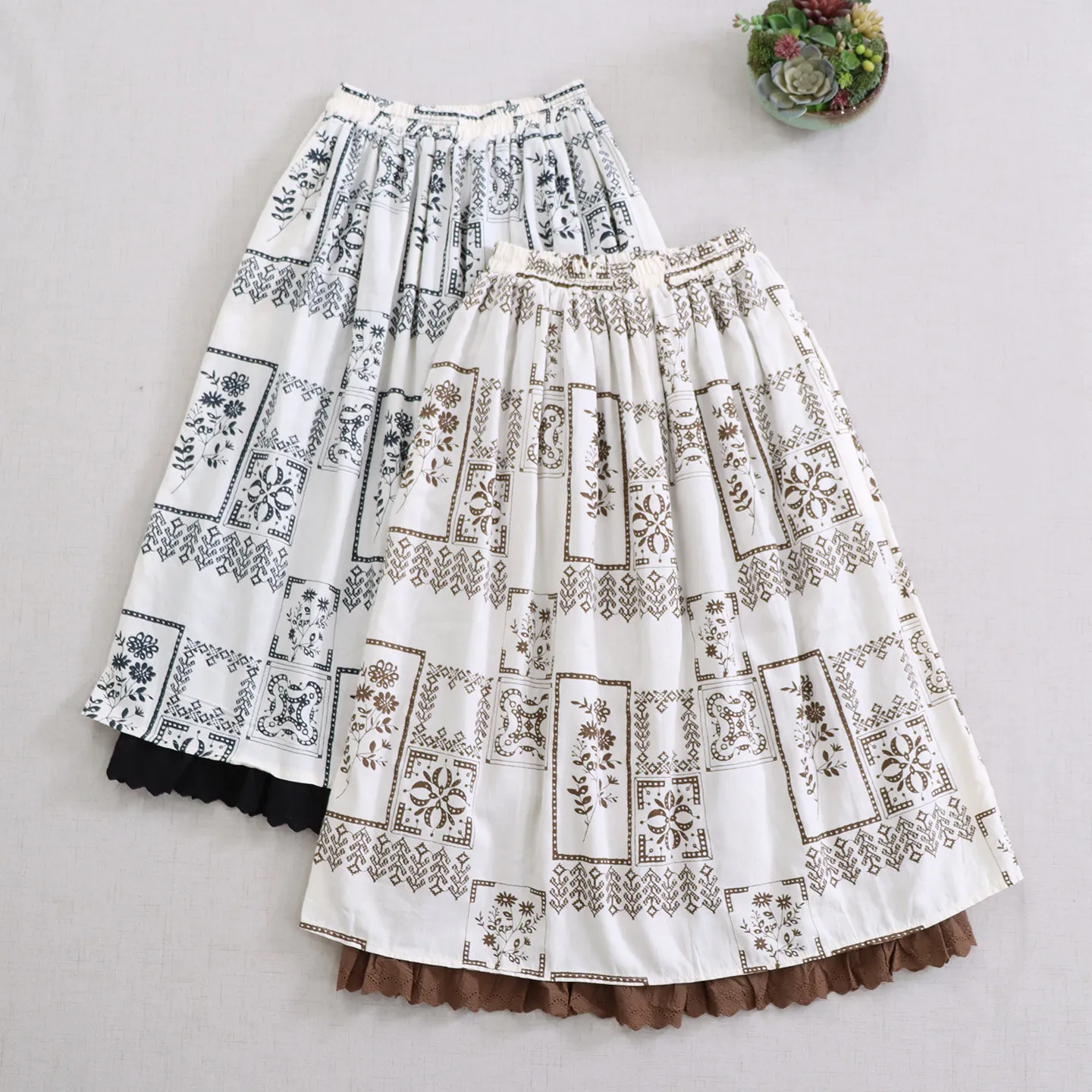 Japanese Vintage Mori Girl Ethnic Style Printed Double Layer Cotton Skirts Women Elastic Waist Casual Loose A-Line Midi Skirt