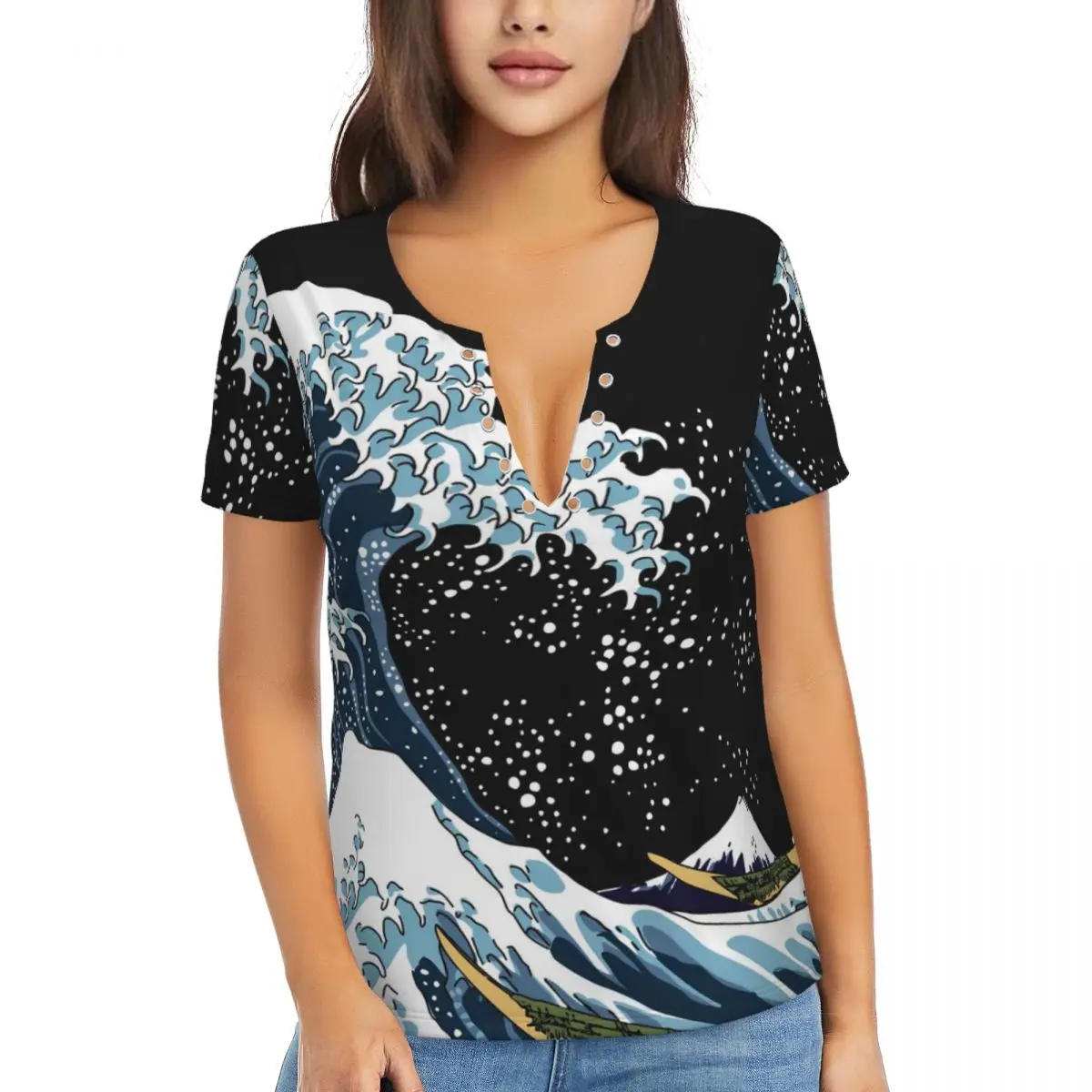 The Great Wave T Shirts Katsushika Hokusai Deep V Neck Streetwear Oversized T-Shirt Short Sleeve Aesthetic Tshirt Summer Tops