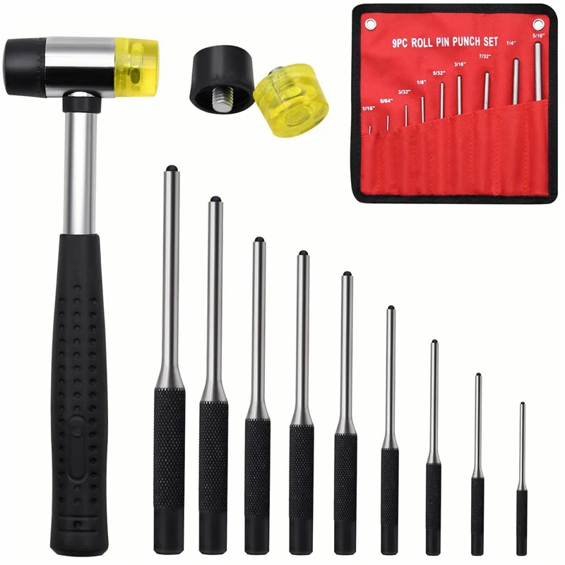 Roll Pin Punch Set With Storage Pouch Smithing Punch Removing Repair Tools With Bench Block Pin Punches And Hammer