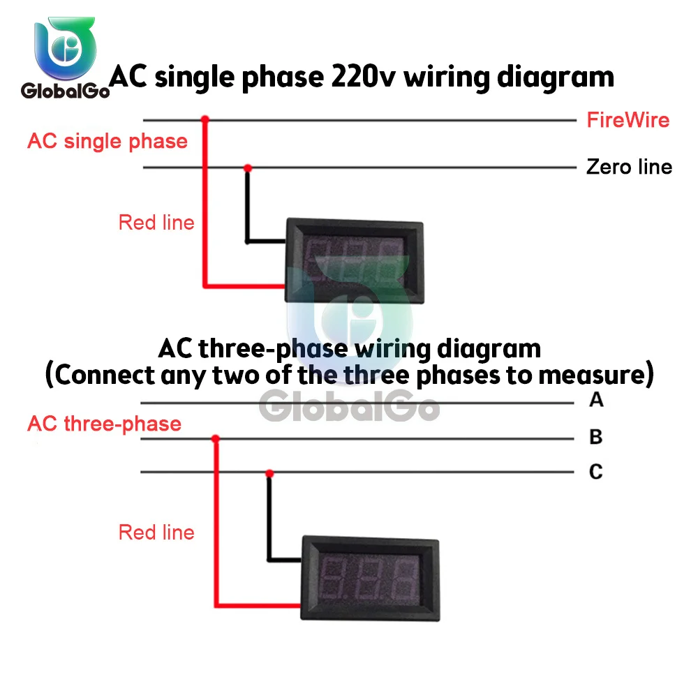 AC 30-500V 0.56inch AC Voltmeter 220V 3 Phase 380V Universal LED Digital Display Two Wire Digital Meter Red Green Blue