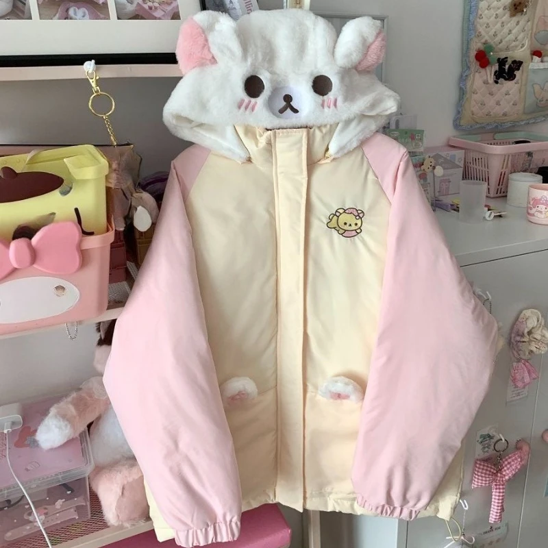 Japanese Kawaii Long Sleeve Parkas Harajuku Cartoon Bear Women Zipper Sweatshirt Sweet Casual Patchwork 2025 Autumn