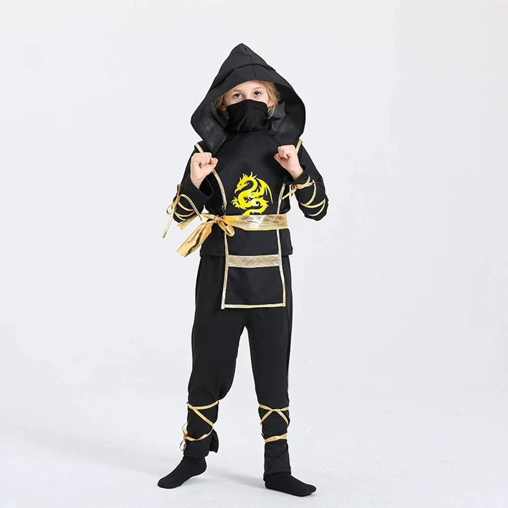 Halloween Jungen Mädchen Ninja Cosplay Kostüm für Kinder Anime Samurai Kostüm Kung Fu Dragon Ninja Overall mit Waffe Outfit Party