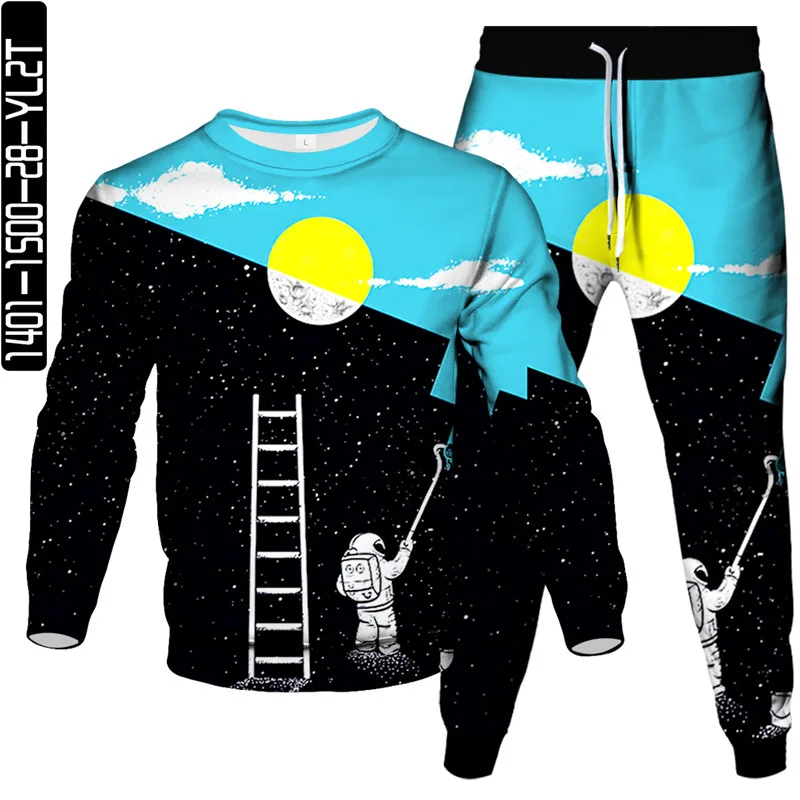 Astronaut Climb Moon Harajuku Galaxy Planet Print Men Fashion Clothing Suit Sweatpant Sweatshirt 2 Pcs Set Tracksuit Size S-6XL