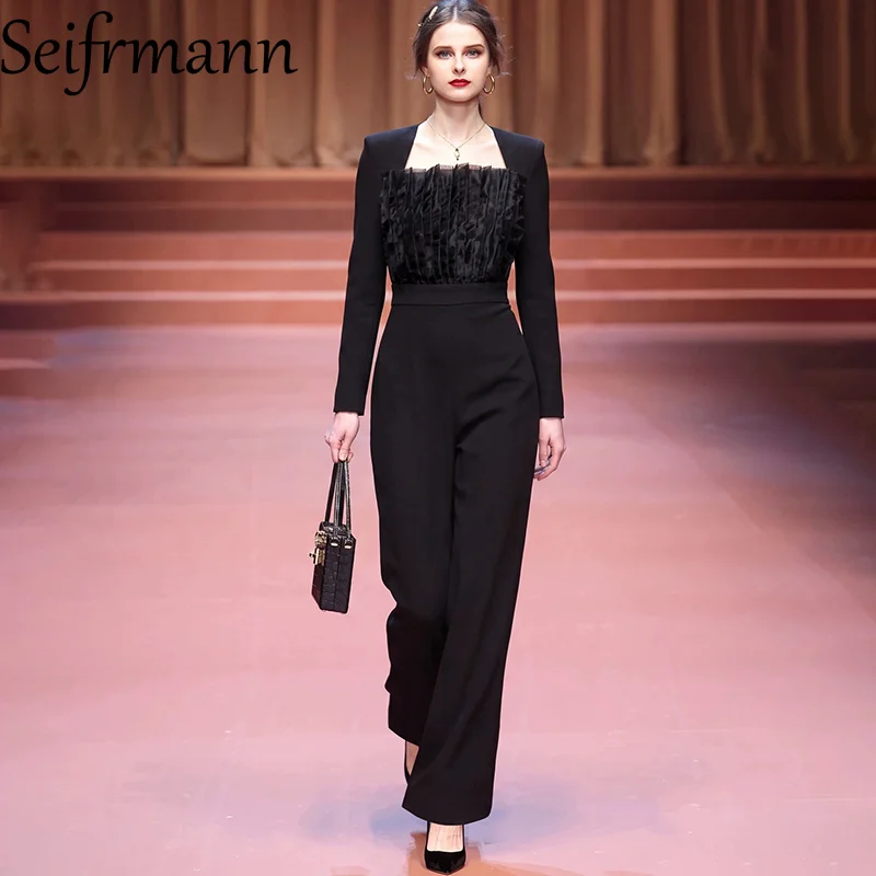 Seifrmann Solid Color Spliced ​​Pleated Jumpsuit Square Neck Long Sleeve Top Straight Jumpsuit 2026 Autumn Women's New Style