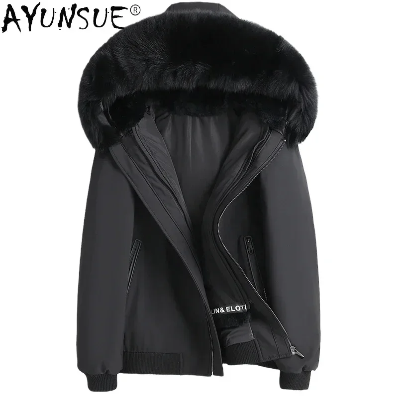 AYUNSUE Real Fox Fur Collar Jacket Men Warm Mink Liner Coat Male Hooded Short Korean Parkas Fashion Manteau Homme SQQ833