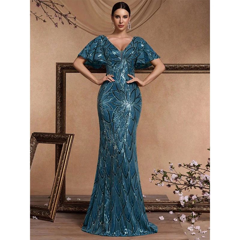 

Summer Clothing Women Elegant Flare Sleeve Deep V Neck Blue Sequined Cocktail Prom Long Dress Vestido De Festa