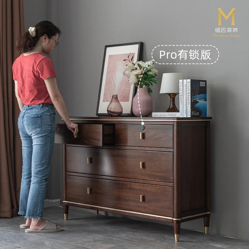 c9.21-Solid Wood Bedroom Chest of Drawers Fingerprint Lock Chest of Drawer Log Light Luxury New Chinese Style Storage Furniture