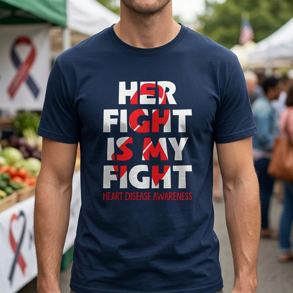 Men T Shirt Her Fight Is My Fight Letter Print Heart Disease Awareness Short Sleeve Cotton Oversized Casual Loose Tee Tops Male