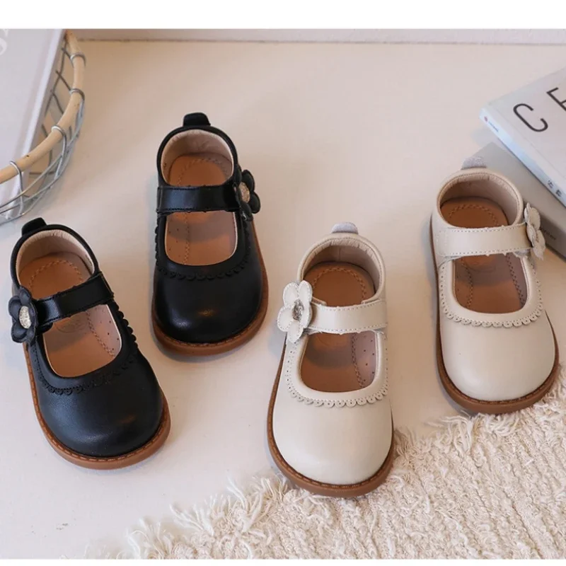 Spring Autumn Baby Girls Flats Soft Grain Cowhide Pretty Flower Lace Children Casual Shoes Fashion Mary Jane Princess Shoes