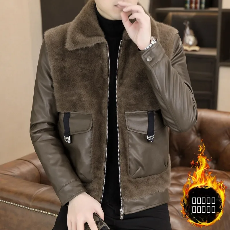 

Men's Quilted Fur Jaet Collar Stand Thi Warm Faionable Double-Sided Wear Leather Fur Inteated Fur Coat Upper Body
