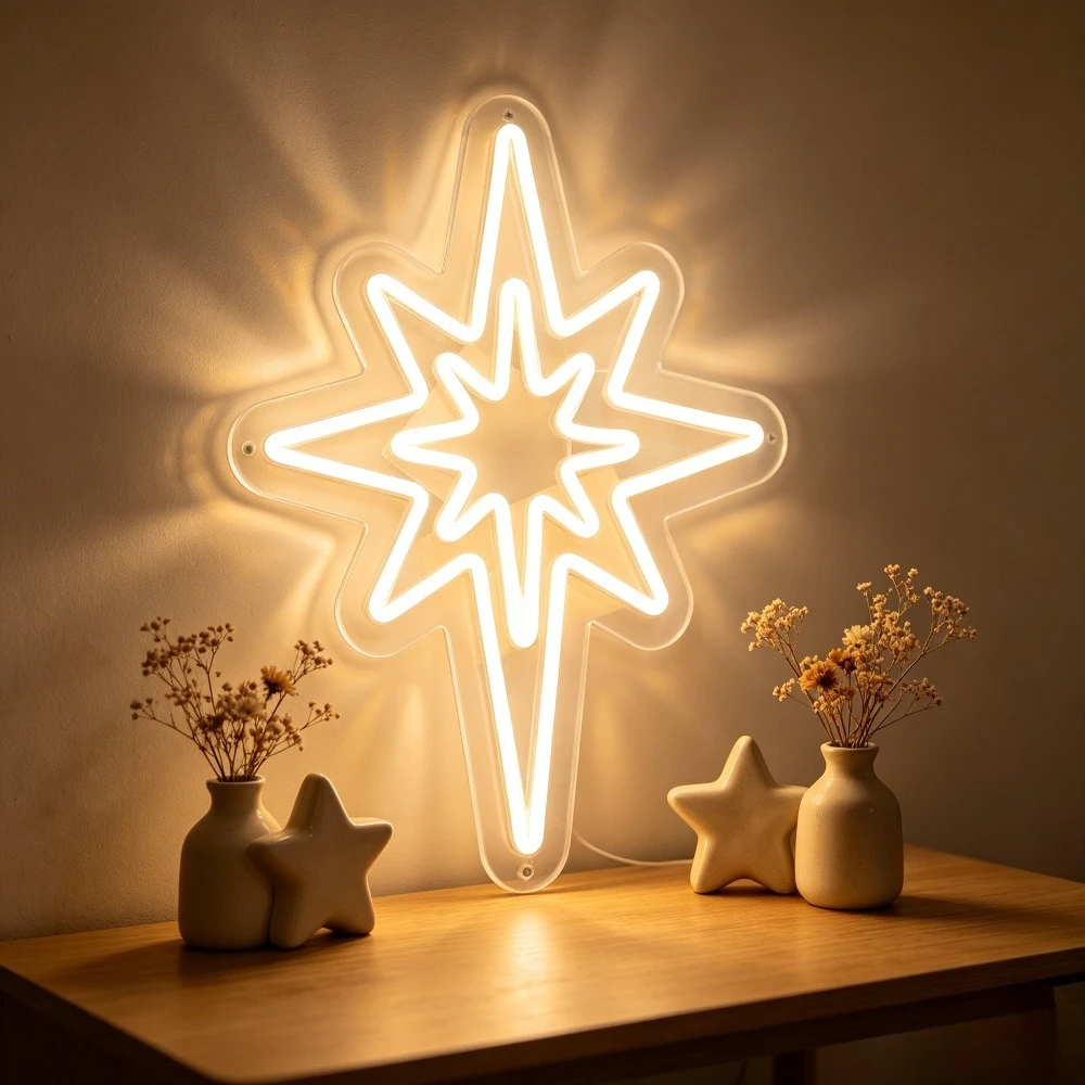 

White Star Neon Sign LED Wall Art USB Rechargeable Night Light Aesthetic Home Decor for Living Room Kids Room Nursery Gift