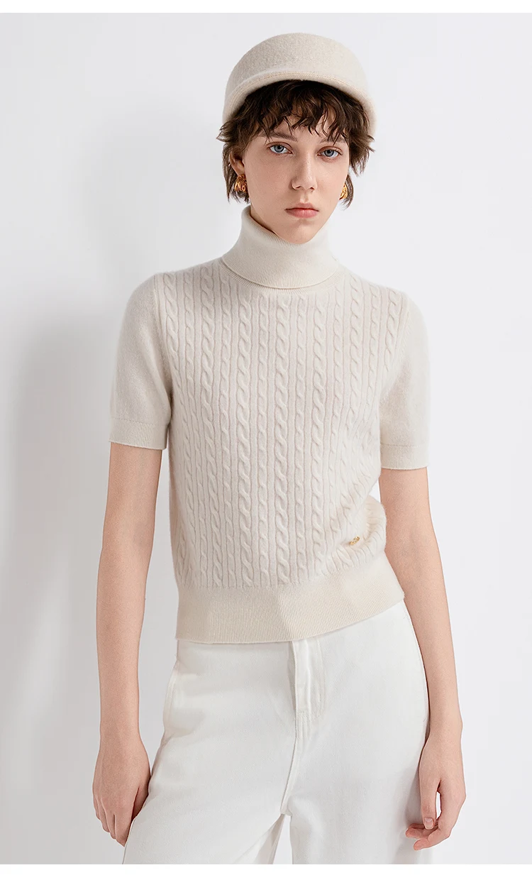 TH662122 Damen Rollkragenpullover mit Zopfmuster, Kurzarm, 100% Kaschmir, Gerippter Saum, Gemütlich, Lässig-Schick, Frühherbst – Detail 3