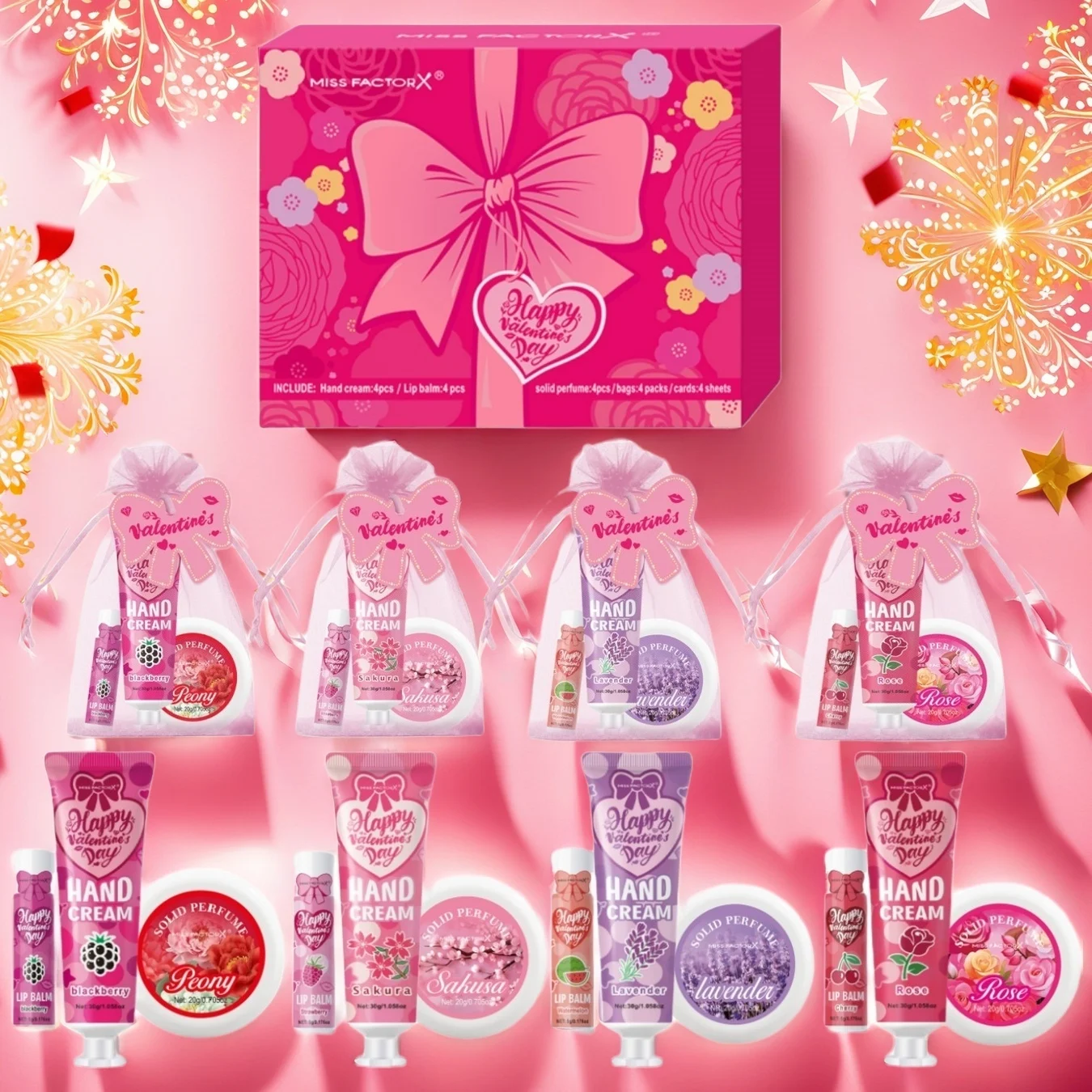 

Gift sets 20PCS/box bulk thank you gifts assembly distribution lip balm hand cream perfume pink gift bag and bow card
