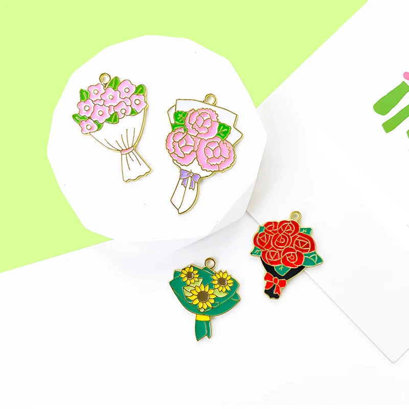 10Pcs Flower Bouquet Enamel Charms, Rose Sunflower Carnation Alloy Pendants for DIY Jewelry Making Bracelet Necklace