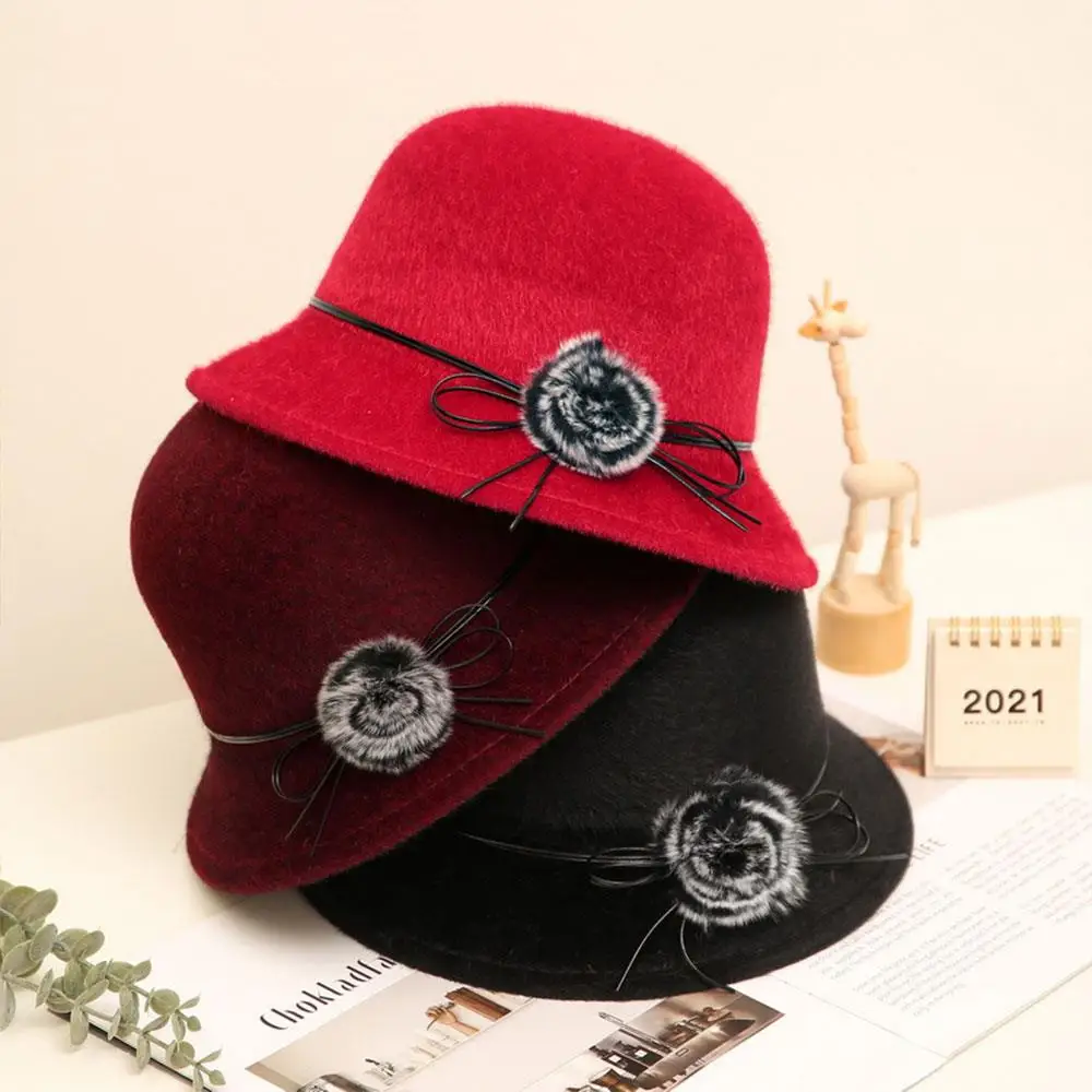 

Elegant Fedoras Cap Jazz Cap Women Winter Dome Basin Hat Vintage Ladies Church Hat Winter Autumn Warm Bowknot Bowler Cap
