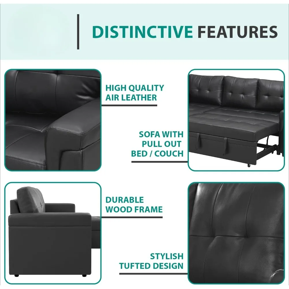 L-shaped sectionable sofa, sleeper chaise longue with storage, tufted pull-out sofa bed with reversibility and storage