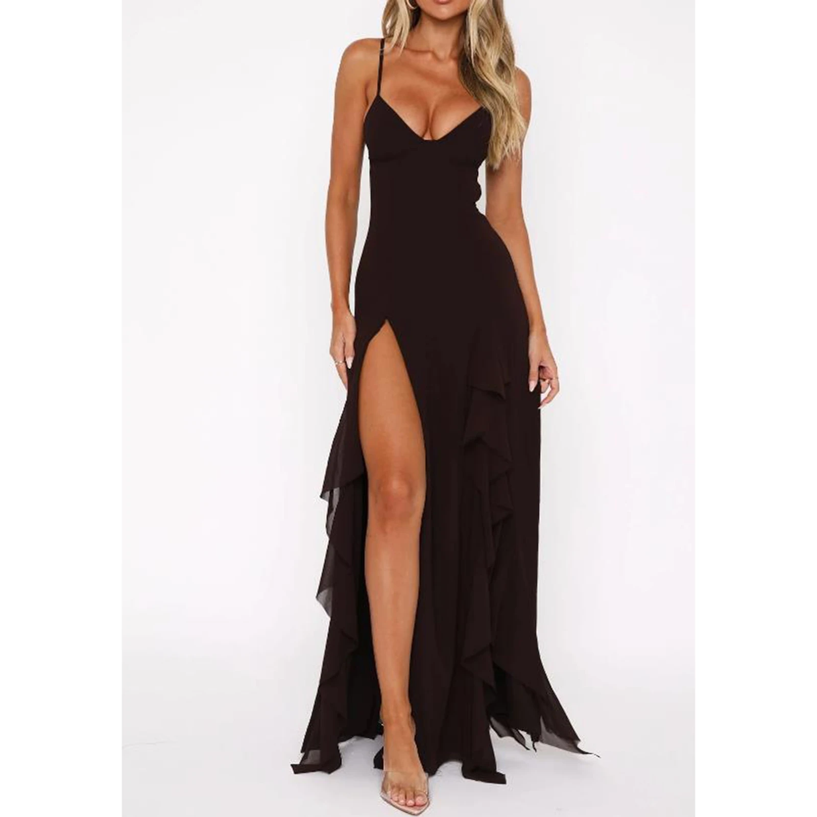 Abiti Para Mujer Abito lungo da donna Tinta unita con volant Spacco alto con cinturino per spaghetti Abito estivo Moda senza maniche Casual