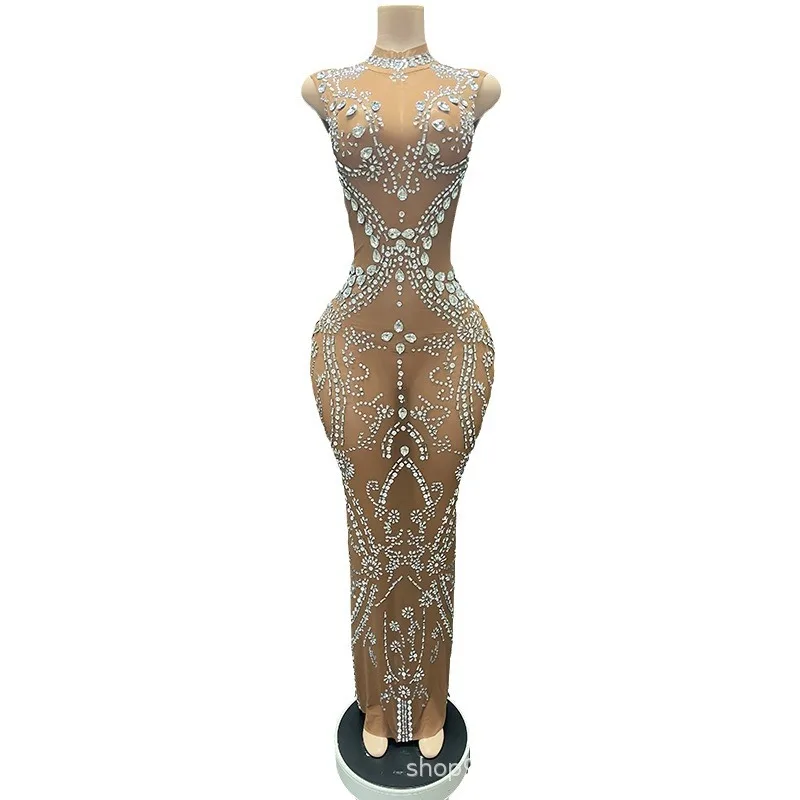 

Светло-коричневое яркое эластичное тонкое длинное платье с бриллиантами, одежда для певицы, одежда для выступлений на сцене, вечерняя одежда для ежегодных встреч, Ever Pretty