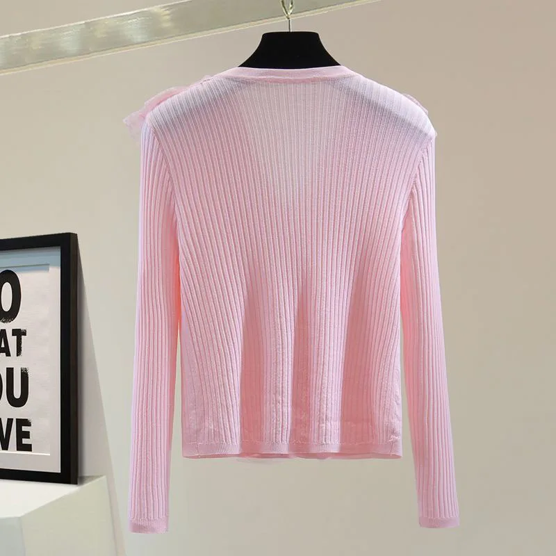 Mode Pullover Strickwaren Schwerindustrie Blume Lotusblatt Rand V-Ausschnitt Eis Seide Sonnenschutz Pullover Nagel Perle Spitze Strickpullover