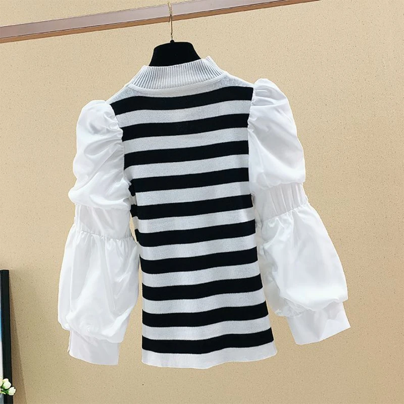 Kids Girls Striped T-shirts 2024 New Arrival Puff Sleeve Autumn Tops Teenage Girls White Black Undershirts Korean Style