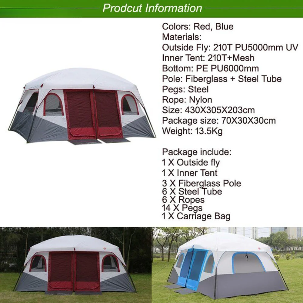 super large waterproof family gathering tent for 4/6/8/12 people outdoor camping tent with 2 doors